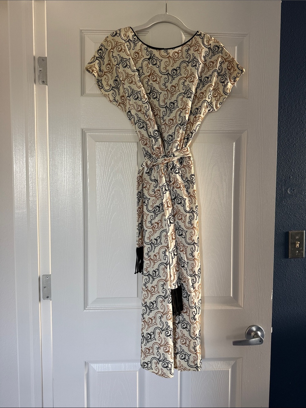 Vintage Cream Printed Midi Dress with Black Tassel Belt